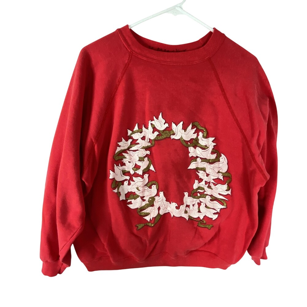 Vintage Hanes Sweatshirt Womens XL Red Made USA Christmas Dove Wreath Glitter